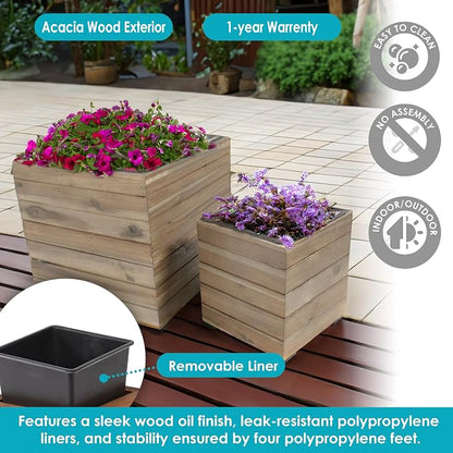 Sunnydaze Outdoor Wooden Planter Boxes - 2 Acacia Wood Square Plant Pots with Removable Liners - Anthracite Stain