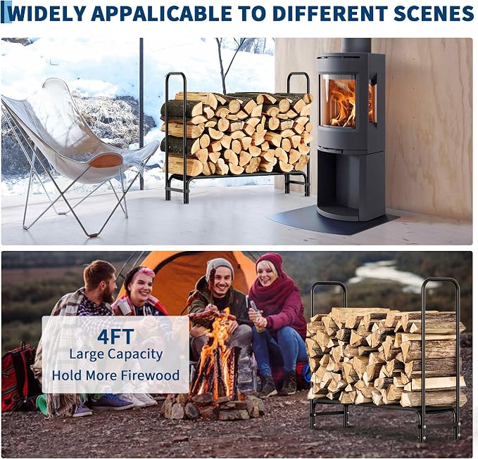 KYBOLT 4ft Firewood Rack Stand, Heavy Duty Wood Rack Keep Firewood Organized, Firewood Holder Organizer with 2000lbs Load Capacity, Black