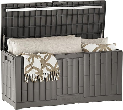 EAST OAK 120 Gallon Outdoor Storage Box | Large Resin Deck Box with Reinforced Stainless Steel Support | Waterproof & UV-Resistant Patio Storage Box for Cushions, Garden Tools & Accessories, Grey