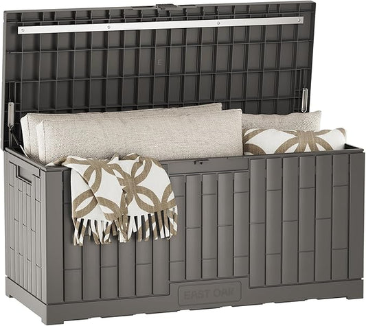 EAST OAK 120 Gallon Outdoor Storage Box | Large Resin Deck Box with Reinforced Stainless Steel Support | Waterproof & UV-Resistant Patio Storage Box for Cushions, Garden Tools & Accessories, Grey