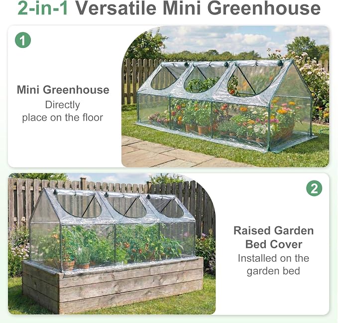 Aoodor 9 x 3 x 3 ft Mini Greenhouse with 3 Zipper Doors, Water-Resistant, UV-Protected for Flowers, Vegetables, and Herbs, Transparent