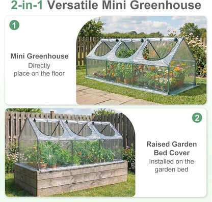 Aoodor 9 x 3 x 3 ft Mini Greenhouse with 3 Zipper Doors, Water-Resistant, UV-Protected for Flowers, Vegetables, and Herbs, Transparent