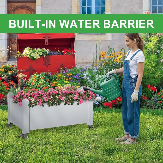 PatioZen Raised Garden Bed, 14 Gallon Self-Watering Raised Planter Box with Drainage Plug & Gauge and Wheels for Vegetables Flowers Herbs Succulents, Resin for Backyard Patio Porch