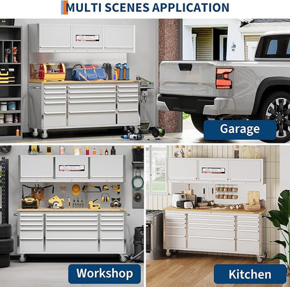 Garvee 72-Inch Heavy-Duty Rolling Tool Chest & Mobile Workbench with 9 Drawers & 3 Top Cabinet, Rubber Wood Tabletop, Key Locking System, Drawer Liners & Wheels, Steel Storage Cabinet for Garage