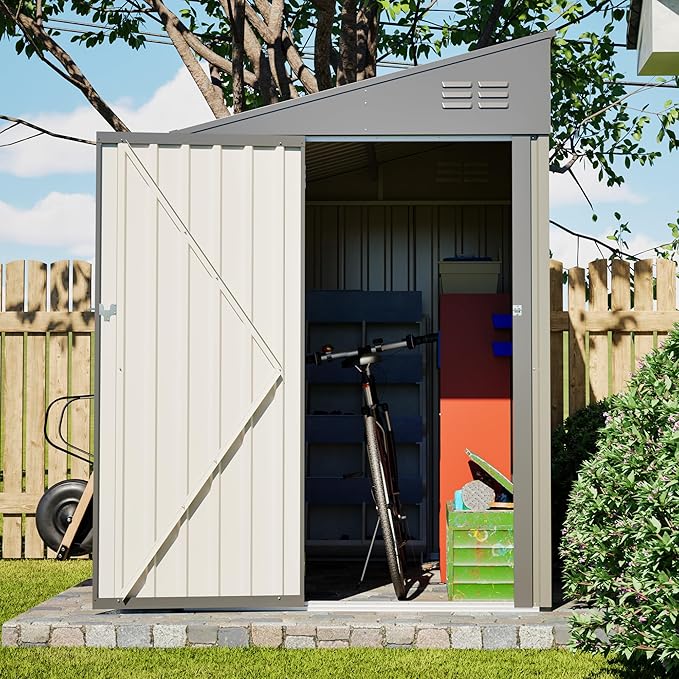 YOPTO 4x7 FT Outdoor Storage Shed,Metal Lean to Storage Shed with Reinforced Beams,All Weather Waterproof Garden Tool House W/Lockable Door & Reversible Installation,for Backyard,Patio,Lawn,Olive Gray