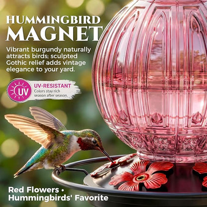 Glass Hummingbird Feeder for Outdoors Hanging, 26Oz Bird Nectar Feeder with Perch & 5 Flower Feeding Ports, Leak Proof for Outside Garden Decor Backyard, Gifts for Women Mom, Pink