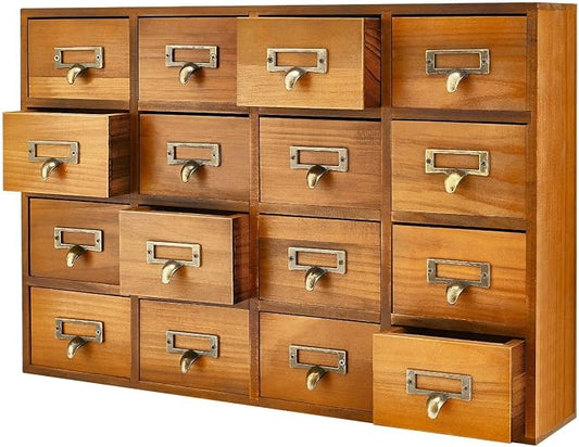 Flexzion Apothecary Cabinet with Drawers - 16 Vintage Drawers, Card Catalog Cabinet, Brown Wooden Tabletop Desktop Organizer for Home Office, Jewelry, Makeup, Tools & Small Item Storage