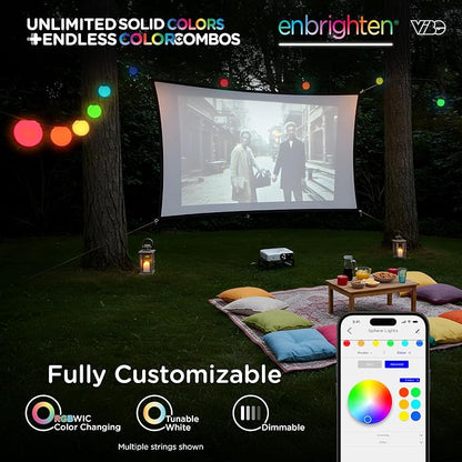 Enbrighten Vibe Sphere Outdoor String Lights, 57ft, 12 RGBWIC Bulbs, 6in Extra Large Spheres, Waterproof, Patio, Backyard, Gameday, Holiday, Smart App, Compatible with Alexa, Google Home, 85976