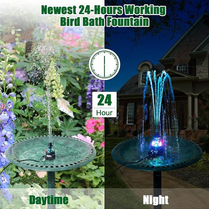 SZMP Bird Bath Fountains, Upgraded 24-Hours Working Bird Bath Fountain Pump with Light & 7 Nozzle, 16.4Ft Power Cord & Adapter, Adjustable Water Pump for Garden, Fish Tank, Outdoor (Colorful)