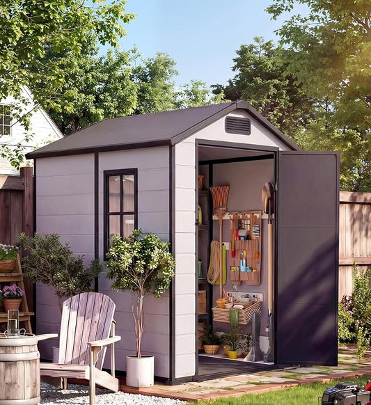 4x6 ft Outdoor Resin Storage Shed with Floor, Lockable Door & Window, Sloping Roof, Plastic Outdoor Sheds with Floor Garden Shed for Backyard Patio Lawn Mower Bike Tool Storage
