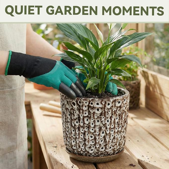 7.5 Inch Ceramic Planter Pot with Saucer Drainage Leak-Proof Mesh,Flower Pots for Indoor Plants with Gardening Gloves,Ceramic Planter(Spotted-White)