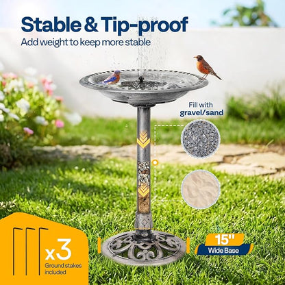 VIVOHOME Bird Bath with Solar Fountain for Outside, Polyresin Pedestal Bird Baths with Solar Powered Pump for Outdoor, Garden, Weather-Resistant Birdbaths with 20" Bowl, Gray