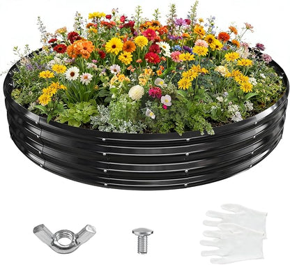 12 Inch Tall 72 Inch Diameter Round Black Raised Garden Bed Kits Outdoor | 1 FT Tall,6 FT Planter Bed for Flowers,Herbs,Vegetables,Trees,0.8MM Thick Galvanized Metal Painted,with Gloves,Tool free