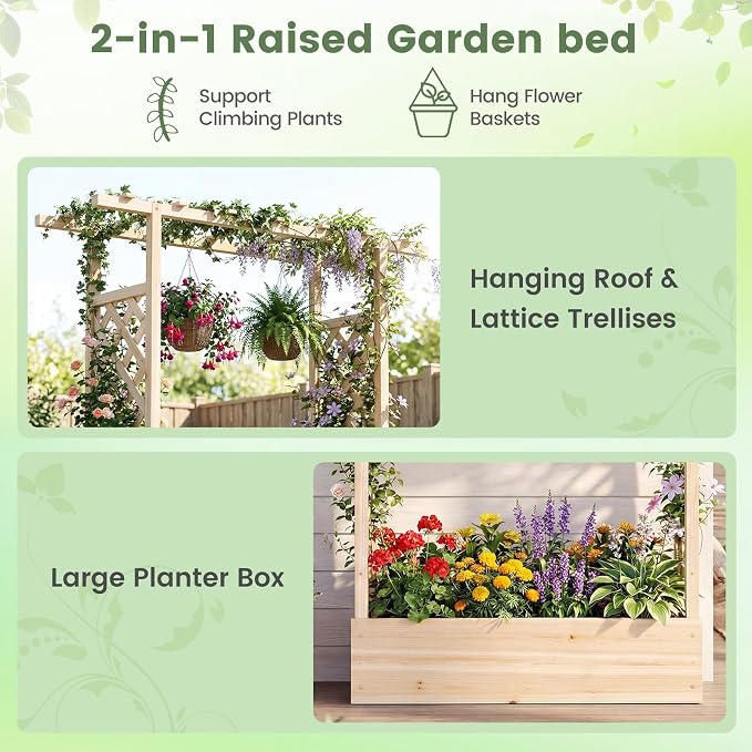 Giantex Wooden Raised Garden Bed with Trellis & Hanging Roof, Fir Wood Planter Box, 89” Freestanding Elevated Garden Bed for Outdoor Climbing Plants Vegetables Flowers, Patio & Balcony, Natural