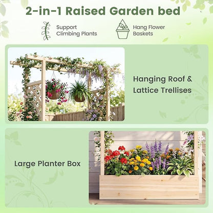 Giantex Wooden Raised Garden Bed with Trellis & Hanging Roof, Fir Wood Planter Box, 89” Freestanding Elevated Garden Bed for Outdoor Climbing Plants Vegetables Flowers, Patio & Balcony, Natural