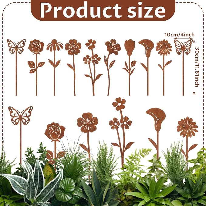 10 Pcs Rusty Metal Flowers and Plants, Rusty Rustic Metal Flowers Signs for Outside Yard Art Gift for Yard Decorative Garden Stakes Potted Plants Walkway and Garden