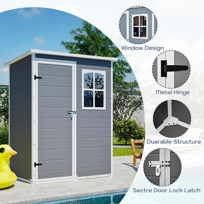 PVWIIK 5x3 ft Resin Outdoor Storage Shed with Floor & Window, Lockable Waterproof All-Weather Utility Shed for Garden Tools & Trash Bins, Gray-White