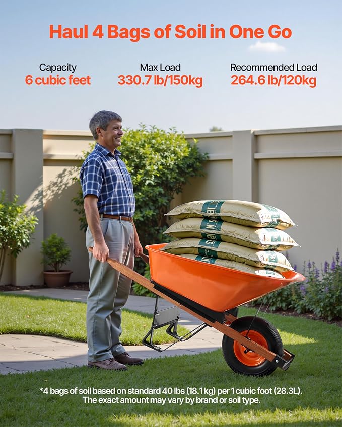 VEVOR Wheelbarrow Cart, 6 Cu. Ft. Load & 330 lbs Capacity, One Wheel Garden Dump Cart Wheel Barrow with Metal Handle & 16" Wide Track Wheels, Easy Loading Utility Yard Cart & Wagons for Lawn Farm