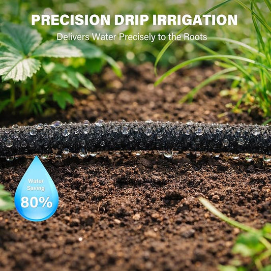 MIXC 80% Water-Saving Soaker Hose – 1/4" x 100 Ft Drip Irrigation Tubing for Garden, Lawn, Flower Beds & Vegetable Rows, with 1/4" Drip Fittings