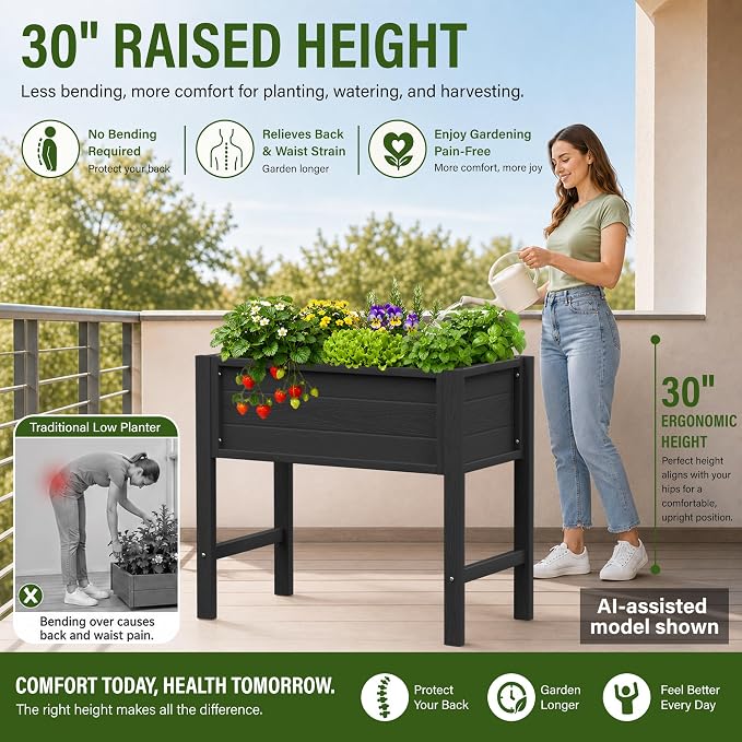 YEFU Raised Garden Bed with Legs: Compact Waterproof HDPS Outdoor Elevated Planter Box with Drainage Holes - 34x18x30 Inch for Patio/Balcony to Grow Vegetables/Herbs - 385 lbs Capacity, Black