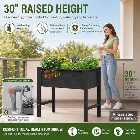 YEFU Raised Garden Bed with Legs: Compact Waterproof HDPS Outdoor Elevated Planter Box with Drainage Holes - 34x18x30 Inch for Patio/Balcony to Grow Vegetables/Herbs - 385 lbs Capacity, Black