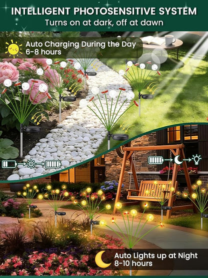 EEW Solar Garden Lights Outdoor 8 Pack 64 LED Swaying Dandelion Bee Lights | 2 Modes (Steady on, Slow Twinkle),Cute Flower Pathway Lights for Yard Lawn Patio Party Garden Wedding Pathway Decorations
