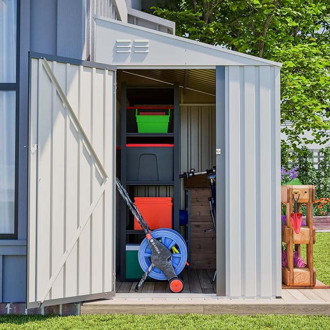 YOPTO 4x7 FT Lean to Storage Shed, Outdoor Metal Wall Side Storage Sheds with Lockable Door,Small Garden Tool Shed for Backayrd, Patio,Lawn,Easy Assembly,White