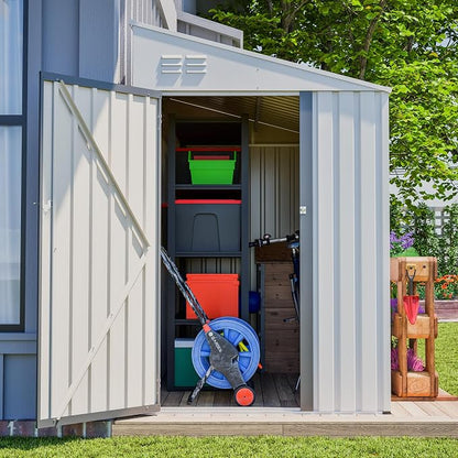 YOPTO 4x7 FT Lean to Storage Shed, Outdoor Metal Wall Side Storage Sheds with Lockable Door,Small Garden Tool Shed for Backayrd, Patio,Lawn,Easy Assembly,White