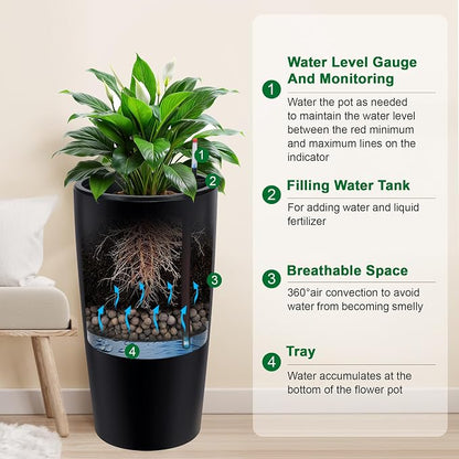 Garvee Tall Planters for Outdoor Plants, 30 in Large Planters Set of 2, Outdoor & Indoor Planters with Water Level Monitor ＆ Inner Bucket, Automatic Watering, for Porch, Patio, Backyard, Black