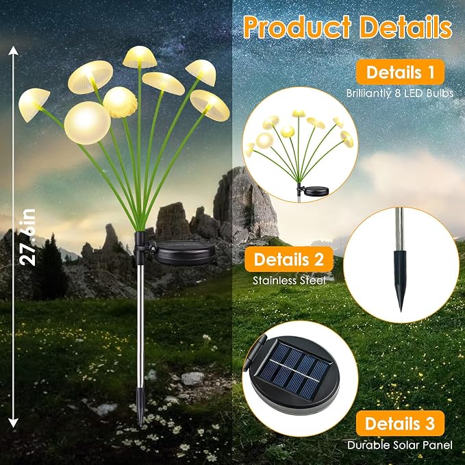 2PK 16LED Solar Garden Lights Outdoor, Mushroom Solar Lights Outdoor, IP65 Waterproof Firefly Light Outside Decor for Patio Pathway, Sway by Wind for Pathway Garden Mushroom Decorations, Warm White