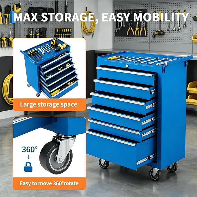 IDEALHOUSE Rolling Tool Chest, 6 Drawers Tool Storage Cabinet, Toolbox with Wheels, Portable Tool Cabinet Organizer with Locking System & Drawer Liners, Tool Storage Cart for Garage, Workshop, Blue