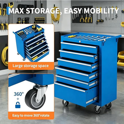 Garvee Rolling Tool Chest, 6 Drawers Tool Storage Cabinet, Toolbox with Wheels, Portable Tool Cabinet Organizer with Locking System & Drawer Liners, Tool Storage Cart for Garage, Workshop, Blue