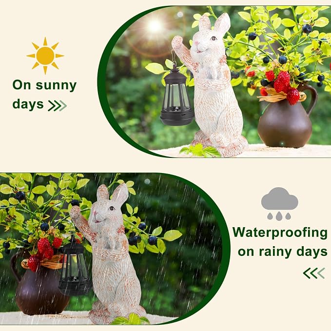 Solar Garden Statues Rabbit Lights, Outdoor Lighted Bunny Garden Decor Waterproof Figurines for Patio Porch Balcony Yard Lawn Lantern, Unique Easter Gifts for Mom Grandma Mother