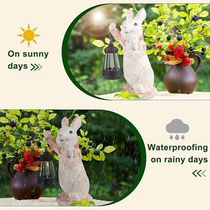 Solar Garden Statues Rabbit Lights, Outdoor Lighted Bunny Garden Decor Waterproof Figurines for Patio Porch Balcony Yard Lawn Lantern, Unique Easter Gifts for Mom Grandma Mother