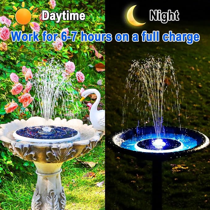 AISITIN 6.5W Solar Fountain for Bird Bath with 3000mAh Battery & Color Changing LED Light, 4 Anti-drift Brackets & 8 Nozzles, Solar Powered Bird Bath Fountain for Garden, Backyard, Fish Tank and Patio