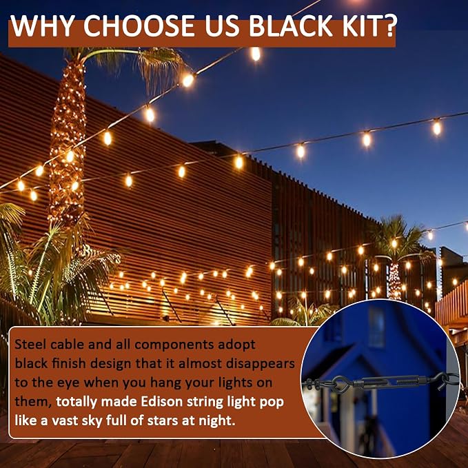 String Light Hanging Kit Outdoor, Full Black Globe String Lights Suspension Kit w/ 50FT PVC Coated Steel Cable & Enough Accessories, Guide Wire for String Lights, Patio Lights, Camping Light
