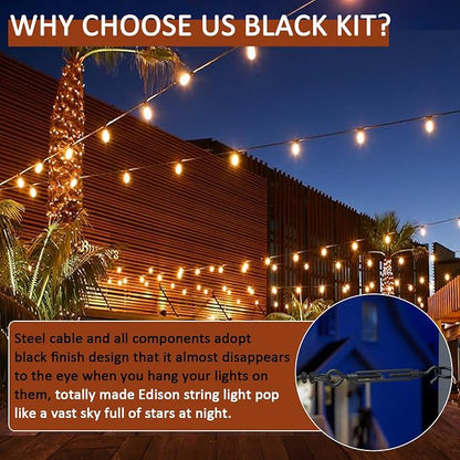 String Light Hanging Kit Outdoor, Full Black Globe String Lights Suspension Kit w/ 50FT PVC Coated Steel Cable & Enough Accessories, Guide Wire for String Lights, Patio Lights, Camping Light