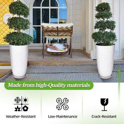 QCQHDU Set of 2 9 Gallon Tall Large planters for Outdoor/Indoor Plants of 12" Dia x 21" H Round Flower Pots Set Faux Stone Finish Front Door Patio Square Porch Planters with Tray, White
