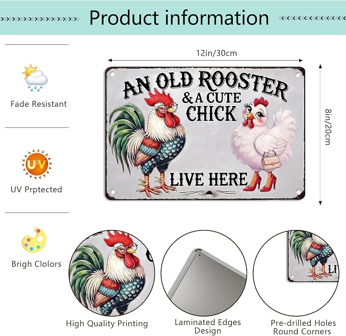 Chicken Lover Gift Idea - Humorous Metal Coop Sign, Farm Animal Tin Art for Home, Kitchen, Garden, 8x12 Inch Vintage Style Decorative Plaque with Holes