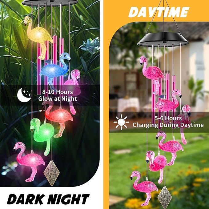 Solar Flamingo Wind Chimes for Outside with 4 Music Aluminum Tubes | Best Gifts for Mom Grandma Women Wife Aunt Sister, Solar Lights Outdoor Wind Chimes, Garden Yard Decor