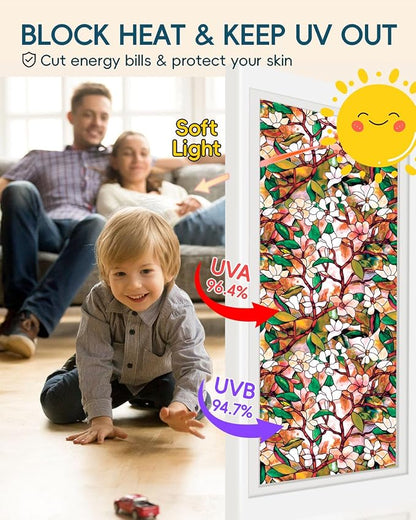 Stained Glass Privacy Film Decorative With Free Tools, Magnolia Window Film for Home, Frosted Tint, Covers Cling, 17.5 Inch by 157.4 Inch