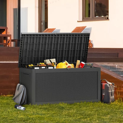 Outdoor Storage Box, 320 Gallon Waterproof Deck Box, Dual Gas-Spring Ultimate Resin Organizer for King Cushions, Heavy-Duty Lockable Estate Storage Bench, Backyard BBQ, Black