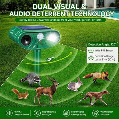Solar Ultrasonic Animal Repellent 2 Pack,Motion Activated Deterrent for Deer, Cat, Squirrel, Raccoon, Rabbit & Bird, Waterproof Outdoor Animal Repeller with LED Strobe for Yard, Garden & Orchard