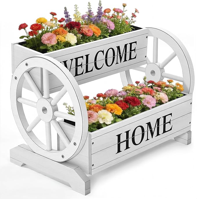 24" White Extra Large 2-Tier Wooden Wagon Planter Box | Whitewashed wood flower cart with drainage holes, liner, wagon wheels, and WELCOME HOME detail for porch and patio decor