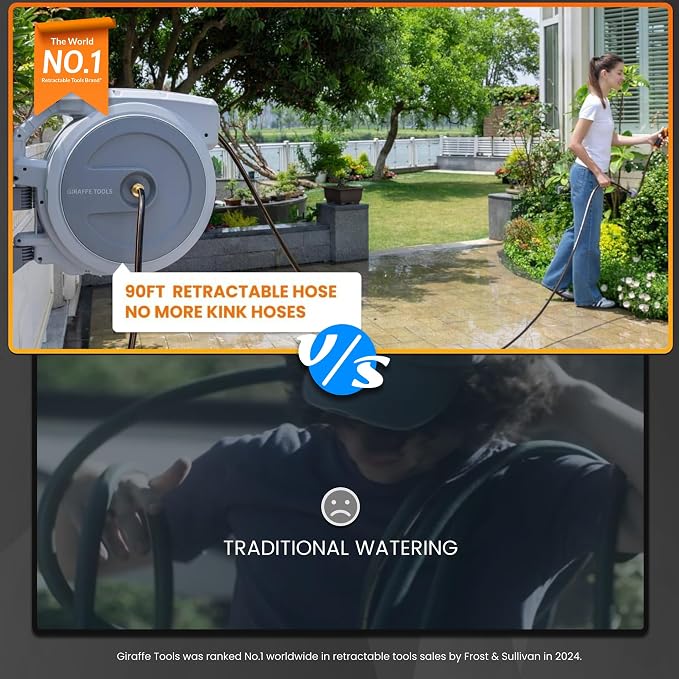 Giraffe Tools Retractable Garden Hose Reel, 5/8 in x 90 ft Heavy Duty Hose Reel With 7 Pattern Nozzle, Any Length Lock, Wall Mount Water Hose Reel, 180°Swivel, Light Grey