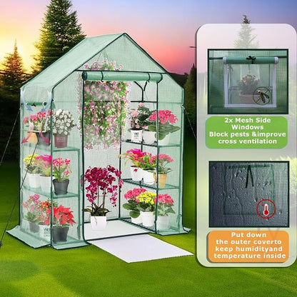 Purlyu Walk-in Greenhouse for Outdoors w/ Mesh Side Windows, 3 Tiers 6 Shelves PE Cover Green House Portable Warm House for Seedling Flowers Growing 20 Pcs T-Type Plant Tags Include (GHW001G)