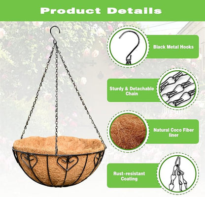 2 Pack 12 Inch Black Metal Hanging Basket Hanging Planter with Coco Coir Liner Heavy Duty Hanging Flower Pot Holder for Indoor Outdoor Patio Garden Porch Balcony Decor (Heart-Shaped)