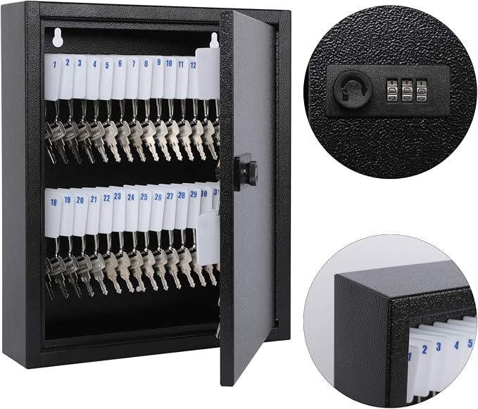 KYODOLED Key Box, Wall Mount 60 Key Cabinet, Combination Lock, Black | Numbered Key Storage Organizer, Secure Lock Box, Key Hooks & Labels, Home, Office & Property Management, 12.1 x 10.2 x 2.5 In
