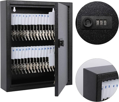 KYODOLED Key Box, Wall Mount 60 Key Cabinet, Combination Lock, Black | Numbered Key Storage Organizer, Secure Lock Box, Key Hooks & Labels, Home, Office & Property Management, 12.1 x 10.2 x 2.5 In