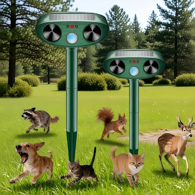 2026 Upgraded Solar Ultrasonic Animal Repellent Outdoor, Deer Repellent Devices Outdoor, Cat Repellent Waterproof with Motion Sensor, Squirrel Raccoon Skunk Deterrents for Yard (2-Pack)